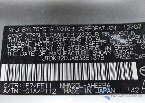 2008 Toyota Prius z USA, uszkodzony, nr VIN JTDKB20UX83351378